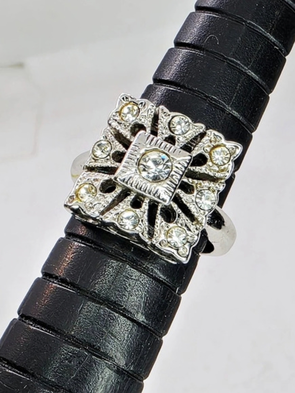 Vtg Silver Tone Art Deco Style Square Filigree Cz Statement Wedding Ring 4.75